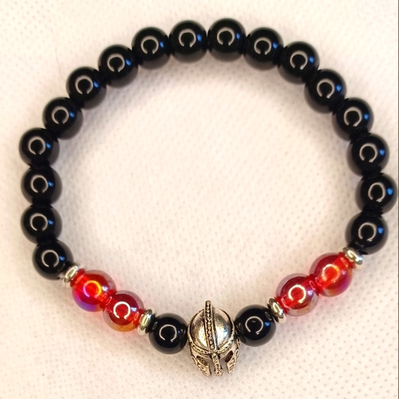 Spartan Warrior Helmet Beaded Bracelet - black and red beaded men's bracelet - Picture 1 of 2